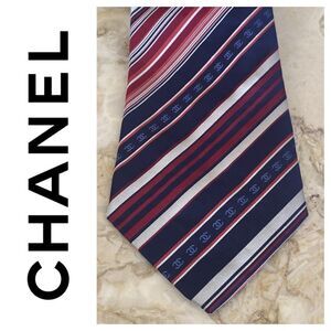 Chanel CC Logo Striped 100% Silk Tie